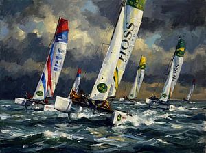 Gemälde einer dynamischen Katamaran-Segelregatta