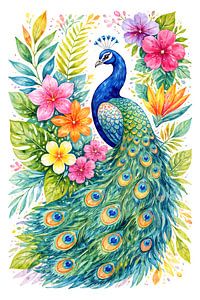 Pauw met kleurrijke tropische bloemen (AI) (Vogel, veren, decoratief, speels, felle, kleuren)
