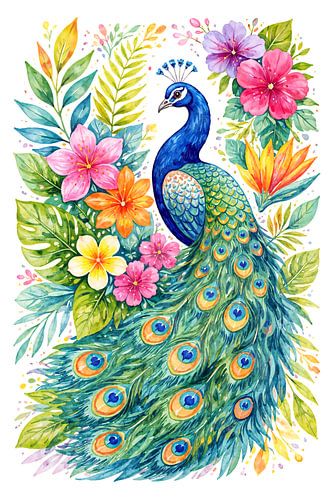 Peacock with colourful tropical flowers (AI) (Bird, feathers, decorative, playful, bright, colours)