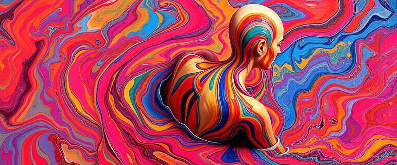 Vrouw in de rivier van kleuren - Een dame tussen ontbinding en herontdekking in de zee van regenbogen van AidasignArt