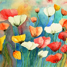 Bunter Mohn Aquarell Malerei Klaprozen Mohnblumen Blumen von Siegfried Dahlhaus