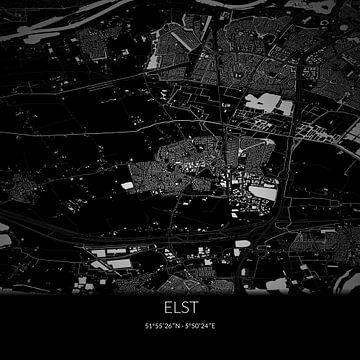 Black-and-white map of Elst, Gelderland. by Rezona