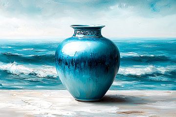 Blauwe vaas bij zeezicht van Art & Soul Creations