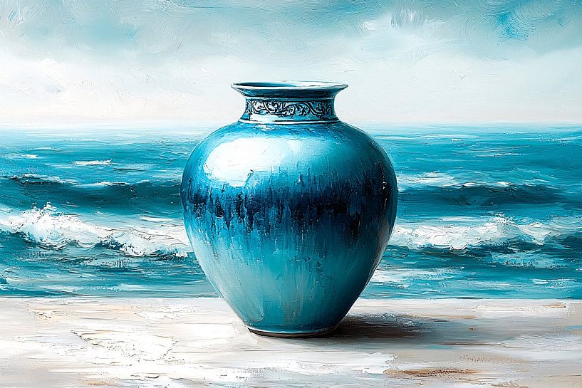 Blaue Vase mit Blick aufs Meer von Art & Soul Creations
