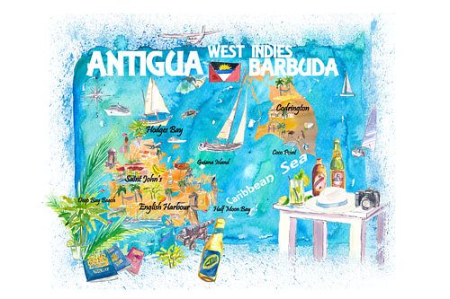 Antigua Barbuda Antilles Carte de voyage illustrée des Caraïbes avec les points forts du rêve antill