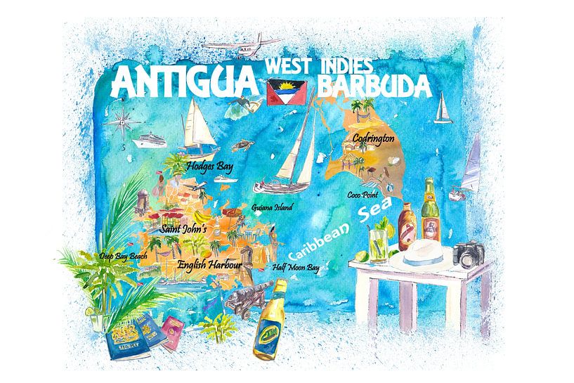 Antigua Barbuda Antillen Illustrierte Karibik Reisekarte mit Highlights der Westindischen Inseln Tra von Markus Bleichner