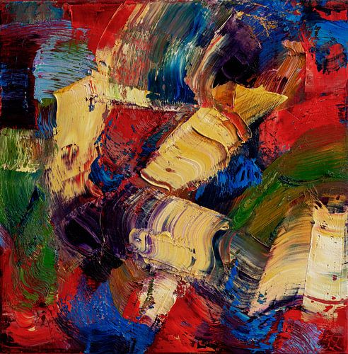 Abstract olieverf schilderij, Rood, geel, blauw, groen, paars, beige