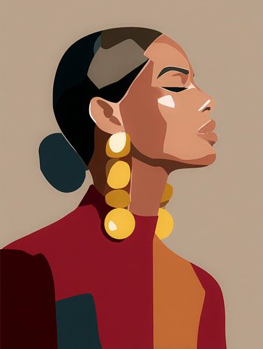 Geometrisch modern portret van een vrouw met gouden oorbellen in warme aardetinten van But First Framing