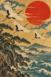 Cranes against a red sun, Japanese-style by Albert Klee