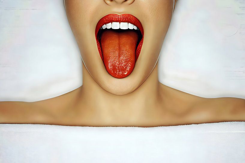 Frau mit rotem Lippenstift auf Handtuch von Frank Heinz