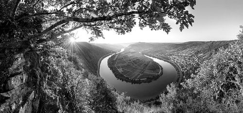 Moezelbocht bij Bremm. Panorama in zwart-wit.