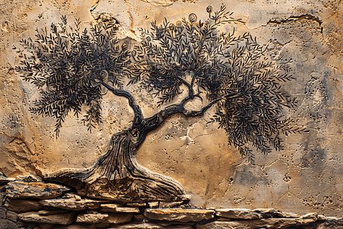 Olijfboom in sepia tonen op steen