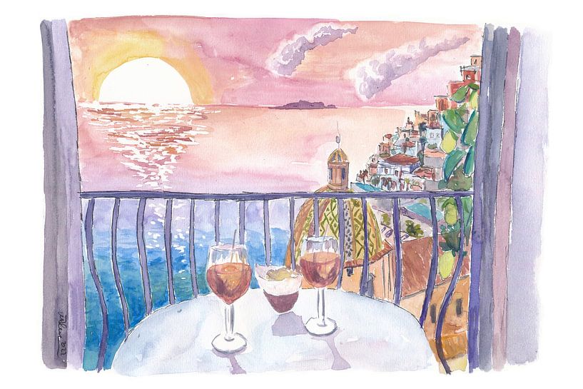 Onvergetelijk terras met uitzicht op de zonsondergang van Amalfi met oneindig uitzicht op zee en Sun van Markus Bleichner