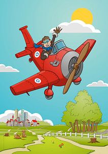 Illustration eines glücklichen Piloten in einem roten Flugzeug.