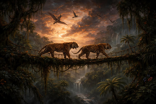Des tigres à dents de sabre au coucher du soleil