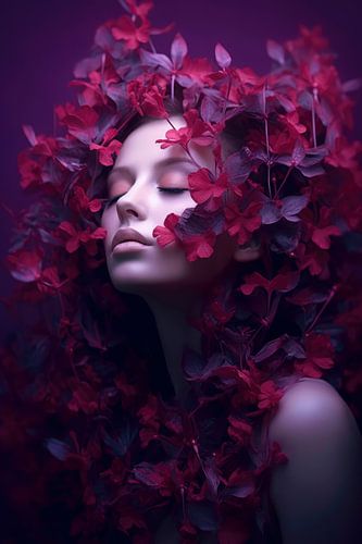 Vrouwelijk portret met roze en paarse bloemen