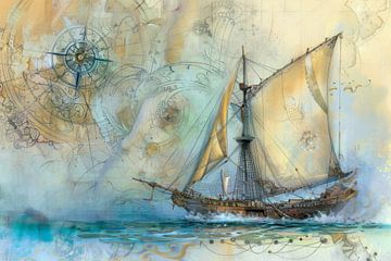 Schilderij van een zeilschip, blauw, bruin, beige,  vintage, klassiek van Peter Pen tekeningen en schilderijen