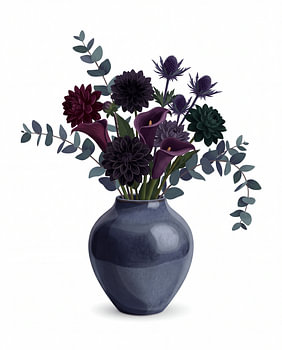 Stimmungsvoller, dunkler Blumenstrauß in einer Keramikvase
