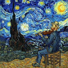 Abstract Violinist Under the Starry Night – Expressive Art Painting by Aden Pink Galerry