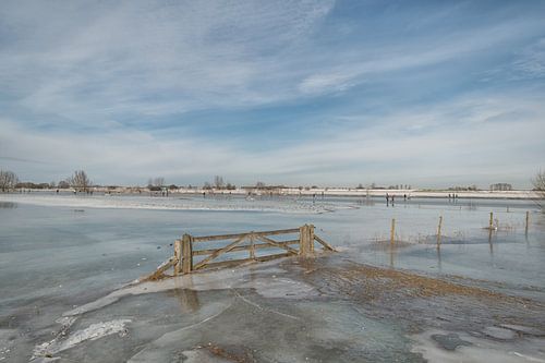 Winterbeeld: schaatsers in uiterwaarden