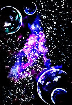Purple galaxy with planets by Sebastian Grafmann