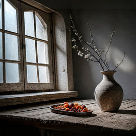 Vase with flower branch and a container of rotting fruit by Ans Bastiaanssen