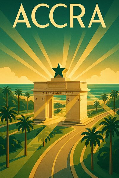 Affiche Art déco d'Accra - Porte de l'étoile noire et lever de soleil sur la côte par Travel Shop
