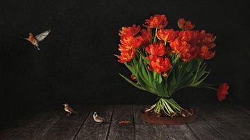 Oranje tulpenbollen met tuinvogels van Cindy Dominika