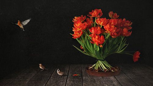 Bulbes de tulipes orange avec oiseaux de jardin sur Cindy Dominika