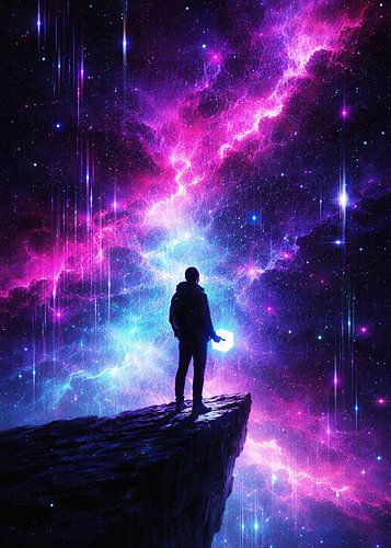 Résumé : Silhouette d'un explorateur de galaxies errant dans la nébuleuse