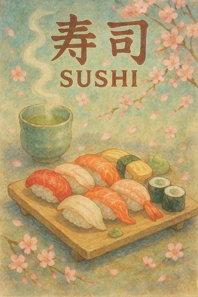 Sakura Sushi Wall Art – Anime Style Japanese Cuisine Print by Travel Shop