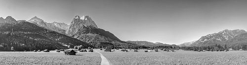 Panorama van alpenweiden in de bergen bij Garmisch Partenkirchen in zwart-wit