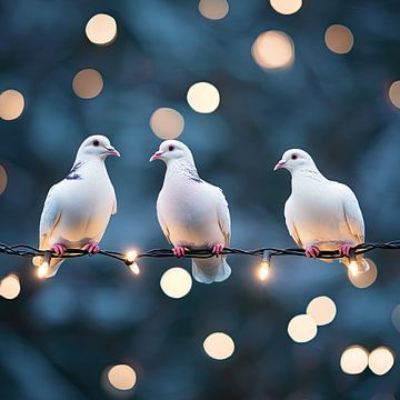 Three white doves on an illuminated wire in a magical atmosphere by Vlindertuin-Art