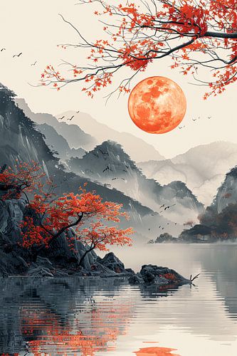 Rode Maan boven Berglandschap met Meer