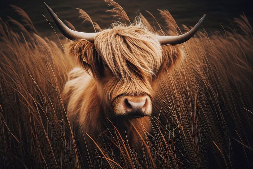 Highland cattle in tall grasses by Ellen Van Loon