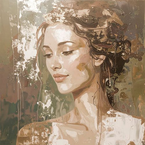 Modern Aquarel Portret van een vrouw in sepia tinten