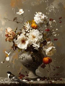 Stilleben mit Blumen und einem Vogel
