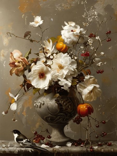 Stilleben mit Blumen und einem Vogel von Carla Van Iersel