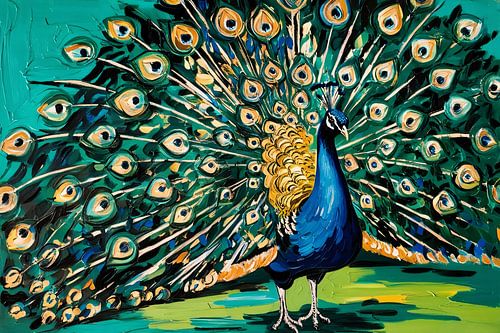 Kleurrijk pauw schilderij met veren