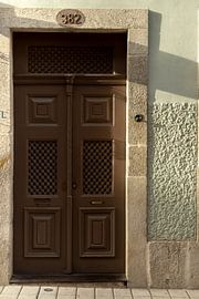 Shadow and light over a pastel brown door and cream color door | Porto Portugal by Karijn | Fine art Natuur en Reis Fotografie