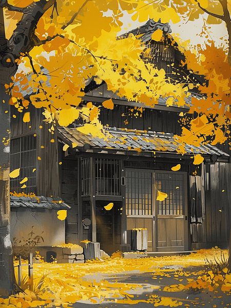 Autumn Japan ginkgo tree wooden house nature light shadow contrast by gm_designs
