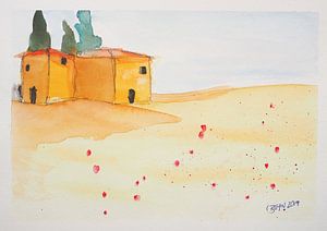 Typical Tuscan houses with a poppy field von beangrphx Illustration and paintings