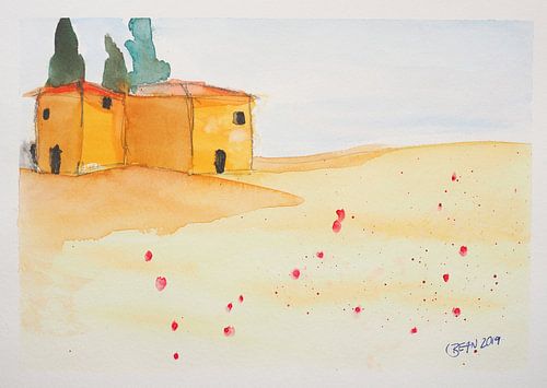 Typical Tuscan houses with a poppy field