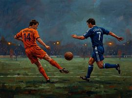 Gemälde eines Fußballspiels zwischen den Niederlanden und Frankreich unter Flutlicht