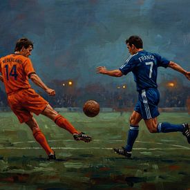 Gemälde eines Fußballspiels zwischen den Niederlanden und Frankreich unter Flutlicht von Jan Keteleer