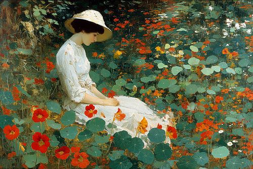 Dame in Nasturtium Tuin no.3