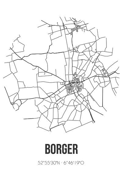 Borger (Drenthe) | Landkaart | Zwart-wit van Stad & Wand