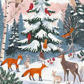Tiere in einem verschneiten Winterwald von Caroline Bonne Müller
