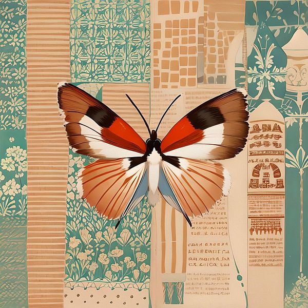 Butterfly in retro colours orange and mint green by Emiel de Lange
