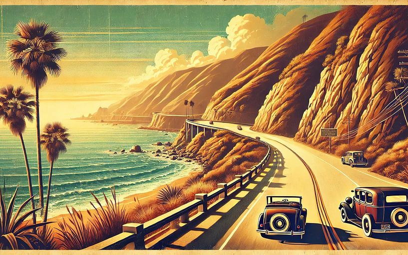 Affiche vintage de voyage sur la route côtière par Chromatic Fusion Studio